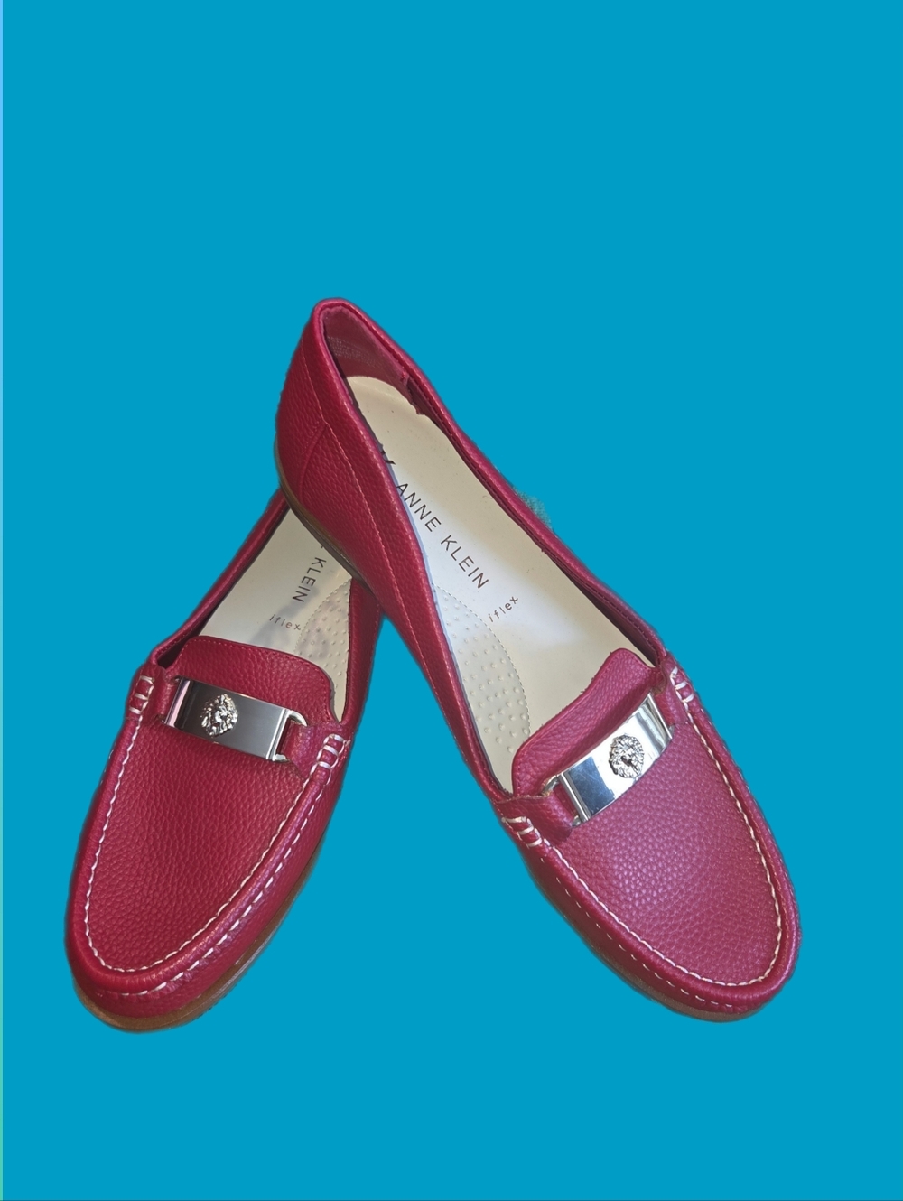 Anne Klein Crimson Red Leather Loafers with Gold-Tone Bit
